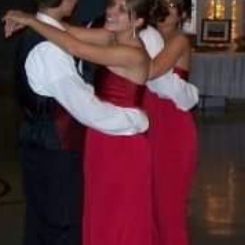 Red wine colored strapless David’s bridal dress.